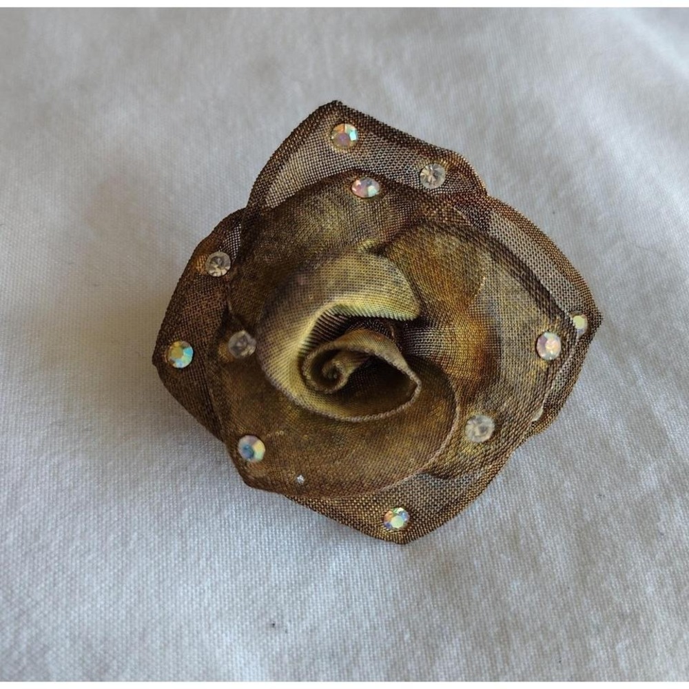 Whimsygoth Bronze Mesh 3D Metallic Rose Brooch Iridescent Rhinestone Steampunk